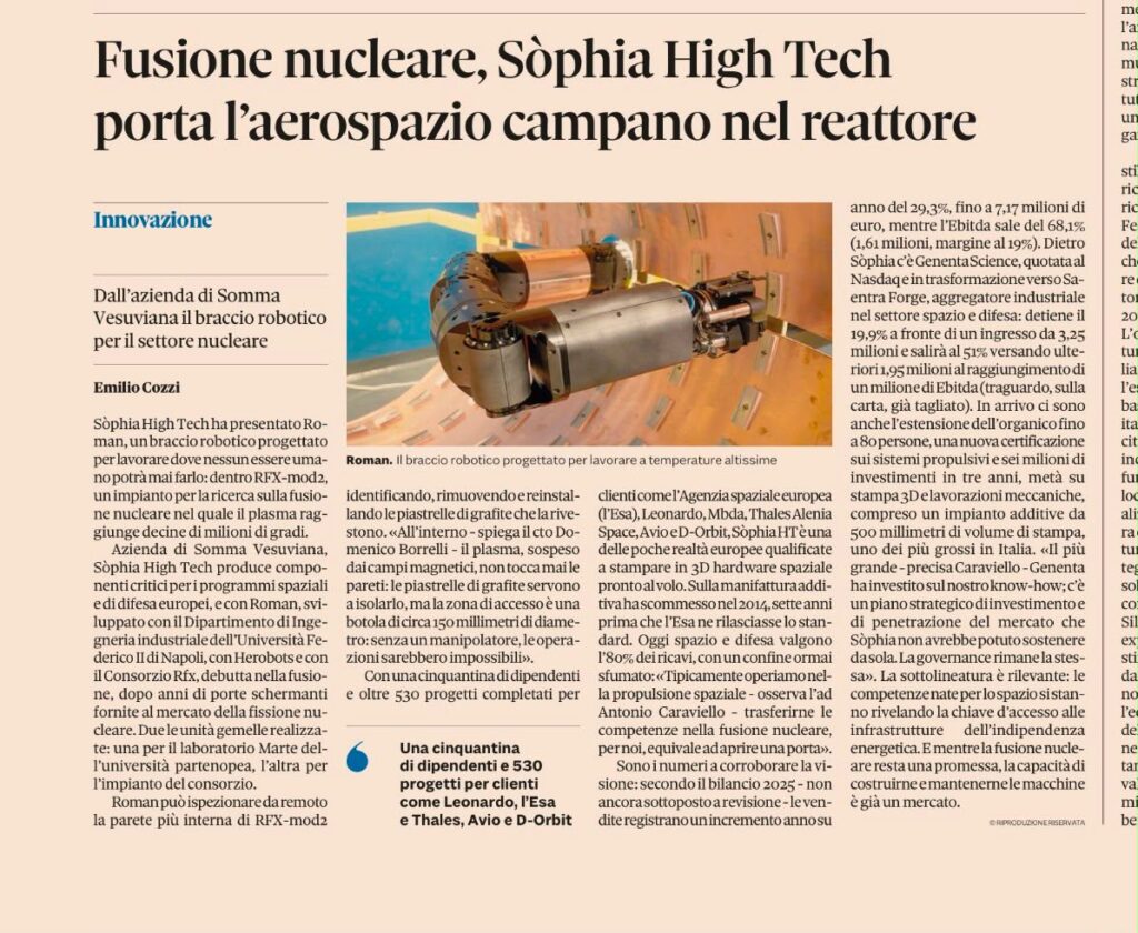 Fusione nucleare, Sophia High Tech porta l'aerospazio campano nel reattore - Il Sole 24 ore luglio 2026
